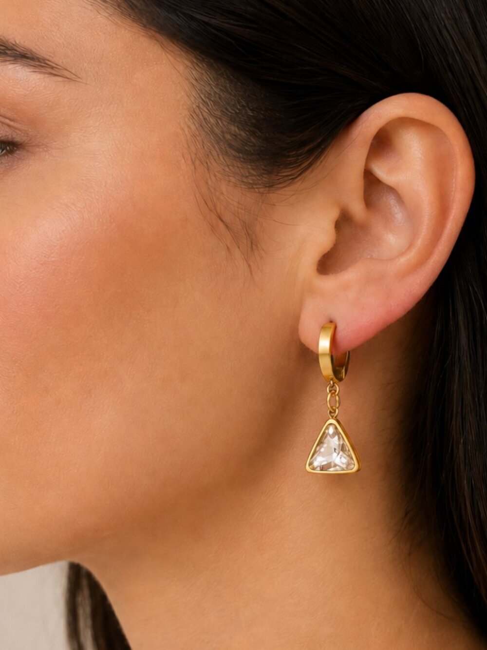 Gold PVD Stainless Steel Triangle CZ Huggie Earrings
